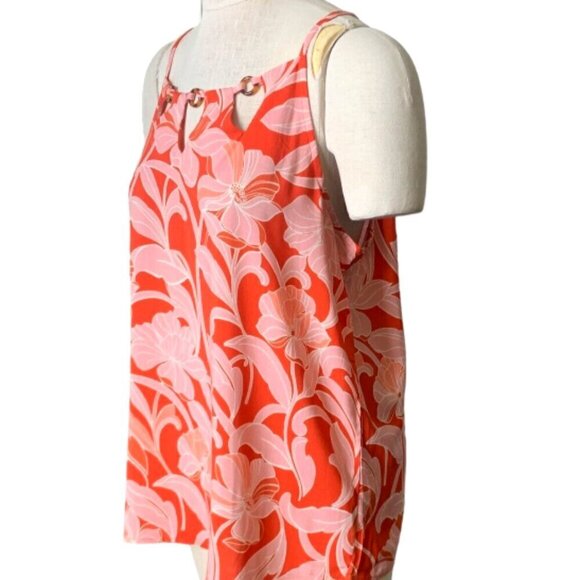AUW Floral Sleeveless Tank Top Cutout Neck Sz L Orange & Pink Tropical #129M - Picture 3 of 9